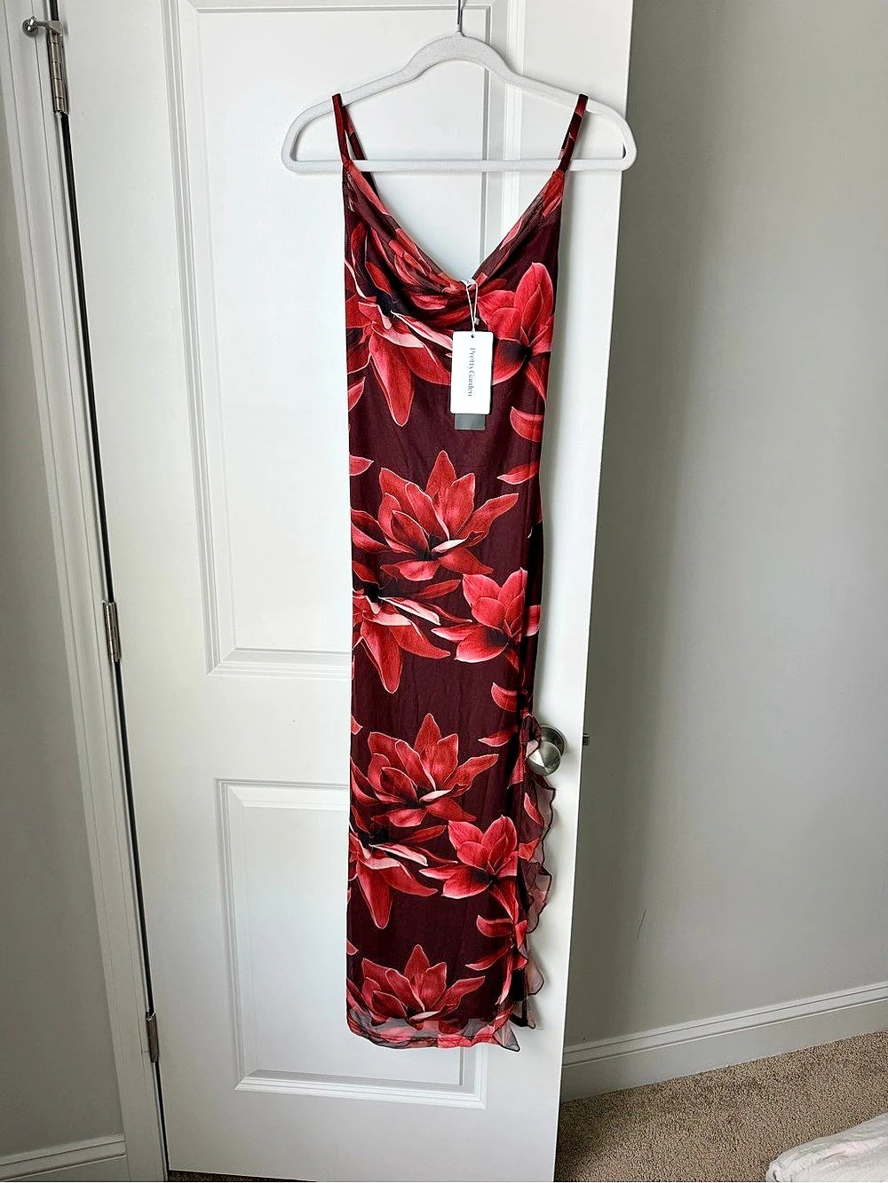 NWT Burgundy Red Floral Mesh Lined Maxi Event Dress Ruffle Slit Cowl Neck Size S